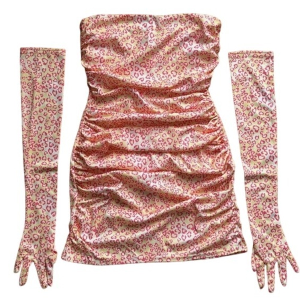 Miscreants London Pink Heart Strapless Ruched Mini Dress Matching Gloves Size 10